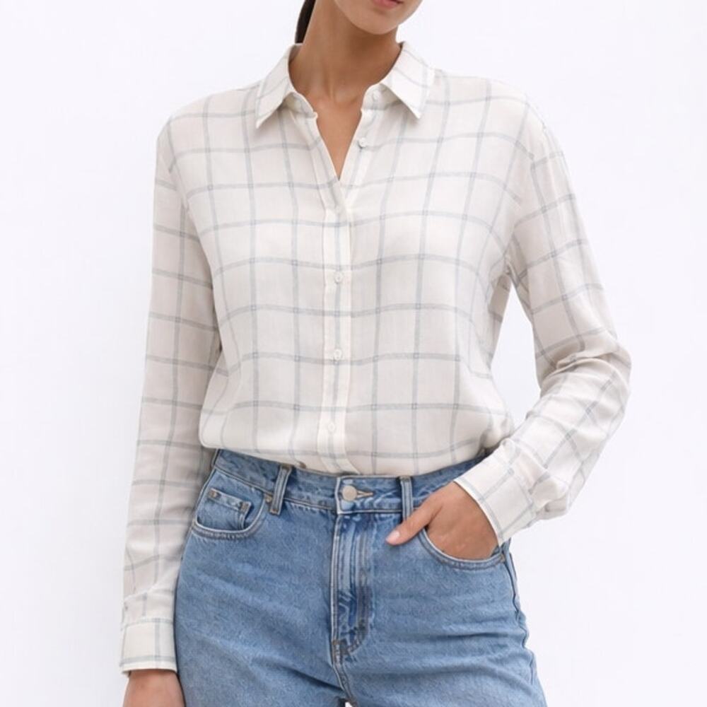 CLOSED Windowpane Plaid Silk Button Down Blouse Cream Womens Small